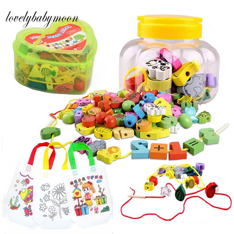 Wooden-Toys Stringing Beads-Game Threading Educational Cartoon-Animals Kids Children