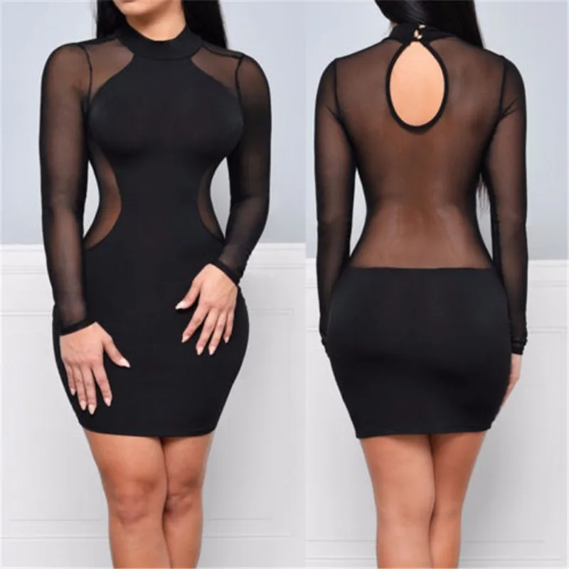 

Solid Color See Through Sexy Fashion Women Long Sleeve Turtle Neck Slim Bodycon Slim Party Pencil Dress