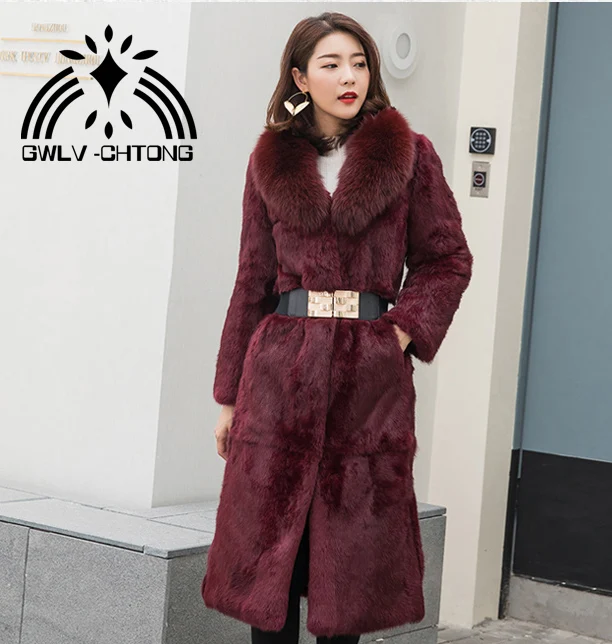 New genuine real natural rabbit fur coat with fox fur collar women fashion long jacket with belt ladies warm outwear overcoat - Цвет: Бургундия