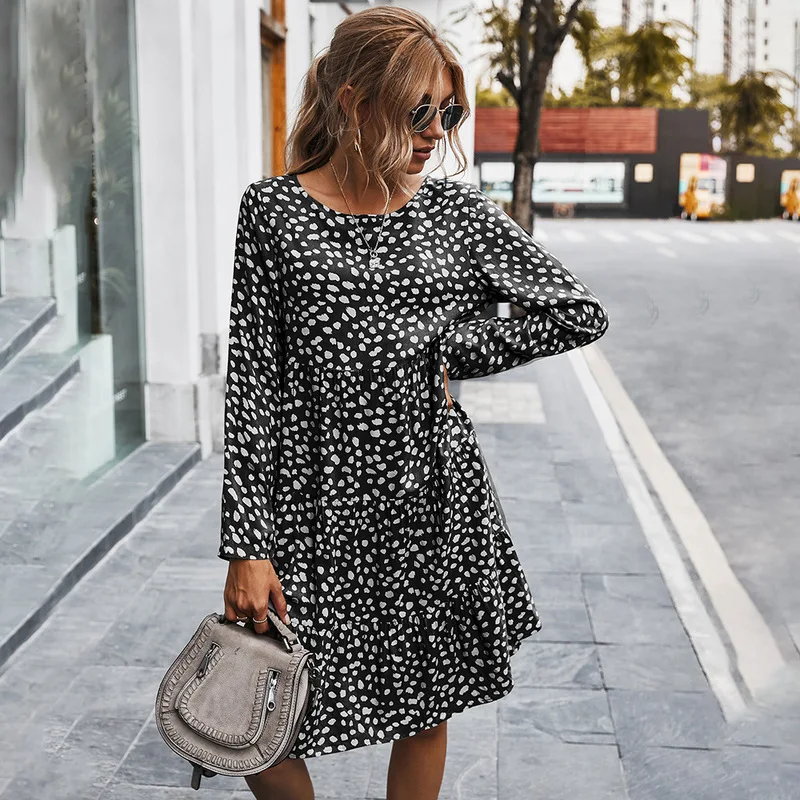 Women Casual Autumn Dress Lady Korean Style Vintage Floral Printed Chiffon Shirt Dress Long Sleeve Bow Midi Autumn Dress Vestid