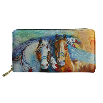

PU Wallets High Quality Women Long Leather Purses Casual Female Travel Money Coin Pouch Oil Painting Horses 3D Print