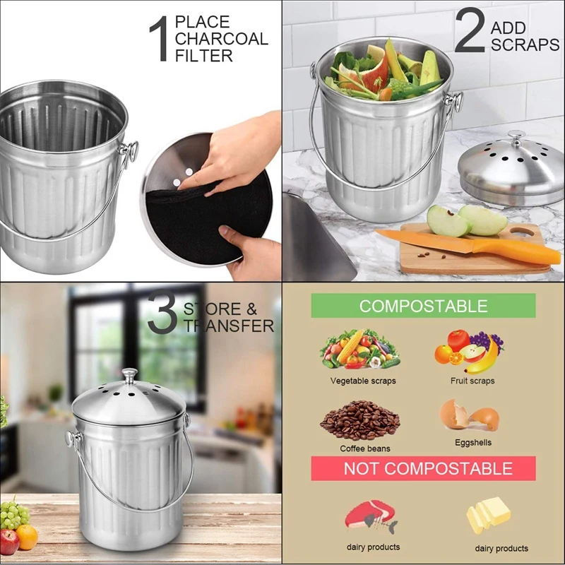 Compost Bin, Peel Bucket For Home Kitchen, Odorless Compost Bucket For  Kitchen Food Waste, With Handle And 2 Charcoal Filters, 5 - AliExpress