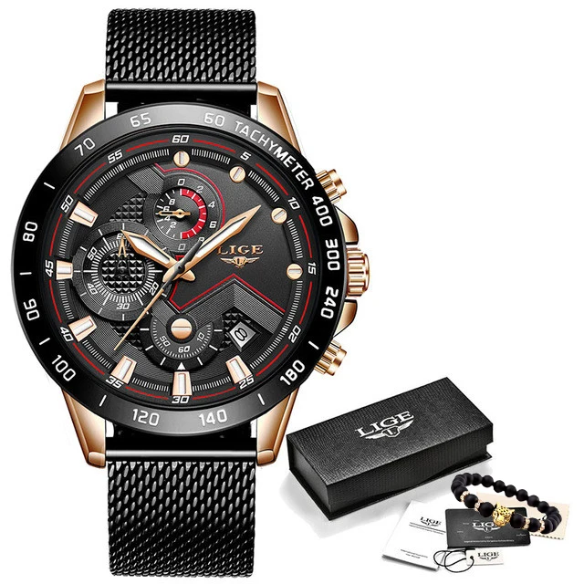 LIGE новые деловые мужские часы лучший бренд Роскошные наручные часы кварцевые синие часы мужские водонепроницаемые спортивные хронограф Relogio Masculino - Цвет: rose gold black