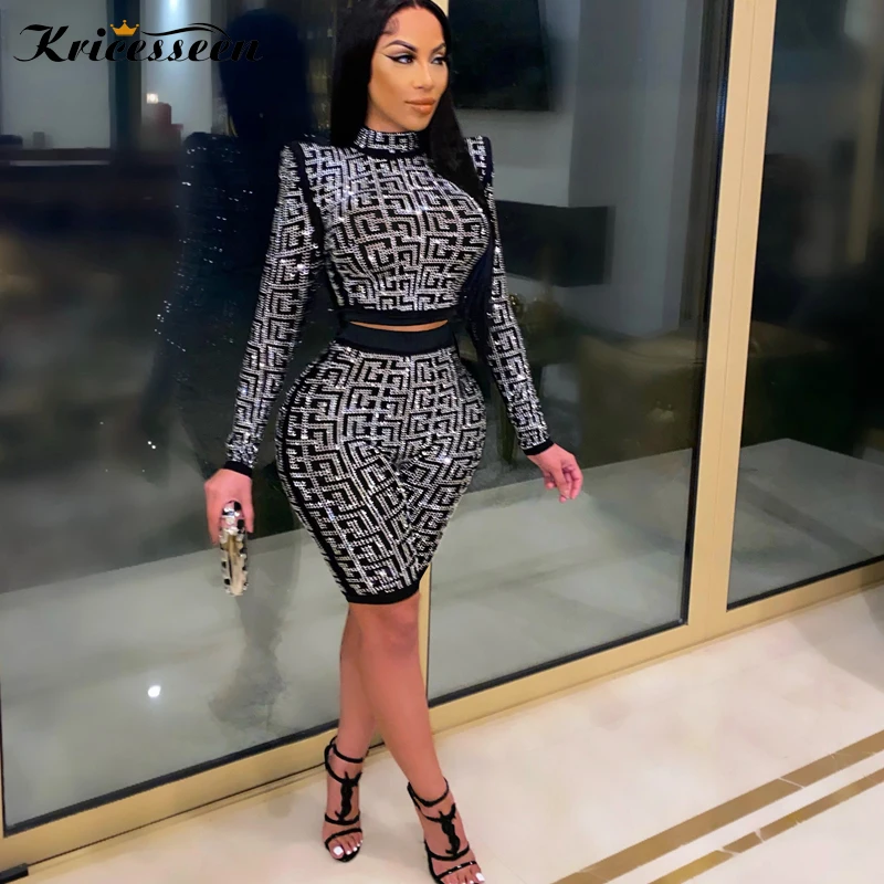 velour tracksuit women Kricesseen Sexy Black Sequin Glitter Diamond Shorts Set 2021 Women Long Sleeve Top Paisley Crystal Shorts Suits Matching Set velour tracksuit women