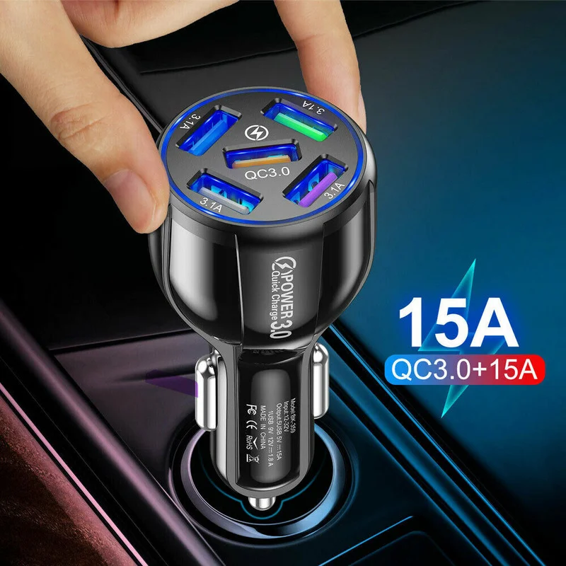 

Black Universal 5-Port Car Charger Lighter QC3.0 USB Adapter Fast Charging Car Accessories for Samsung IPhone Android Cell Phone