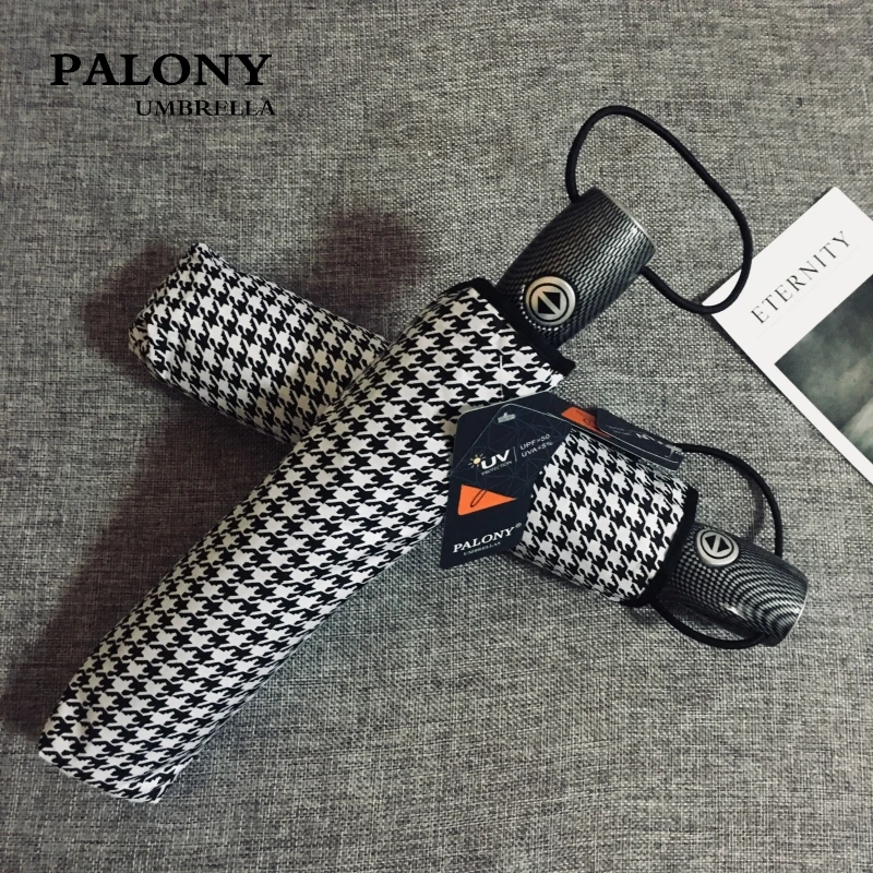 PALONYThree-складной полностью автоматический Защита от ультрафиолетовых лучей и ветра черно-белый клетчатый Модный узор женский Солнечный и Зонт от дождя