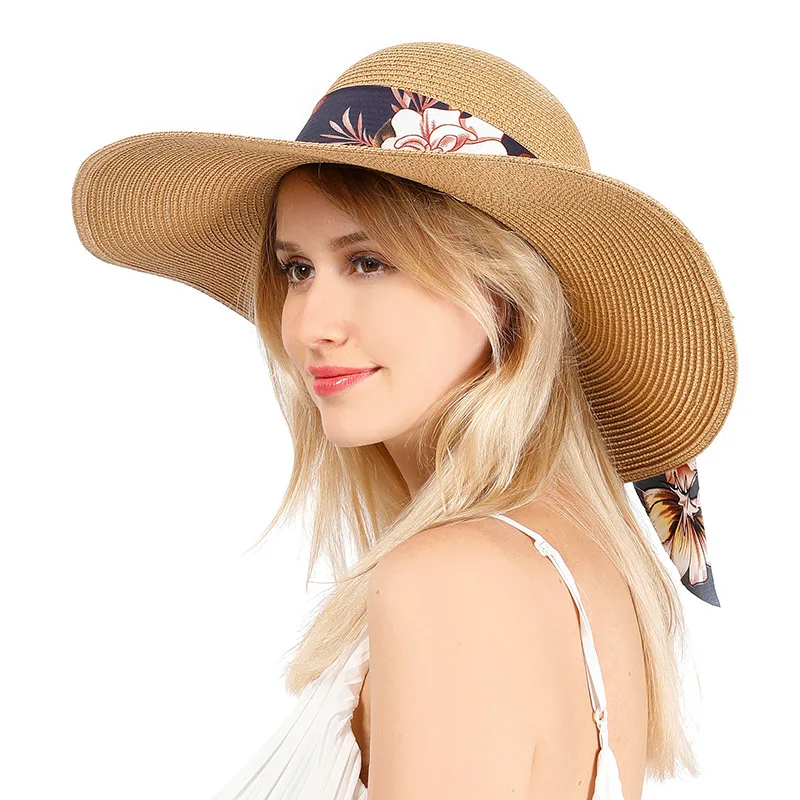 

Summer Sun Hats For Women Large Brim With Ribbons Bow Beach Hat Cap Ladies Sun Hat UV Protect Chapeu Feminino H21