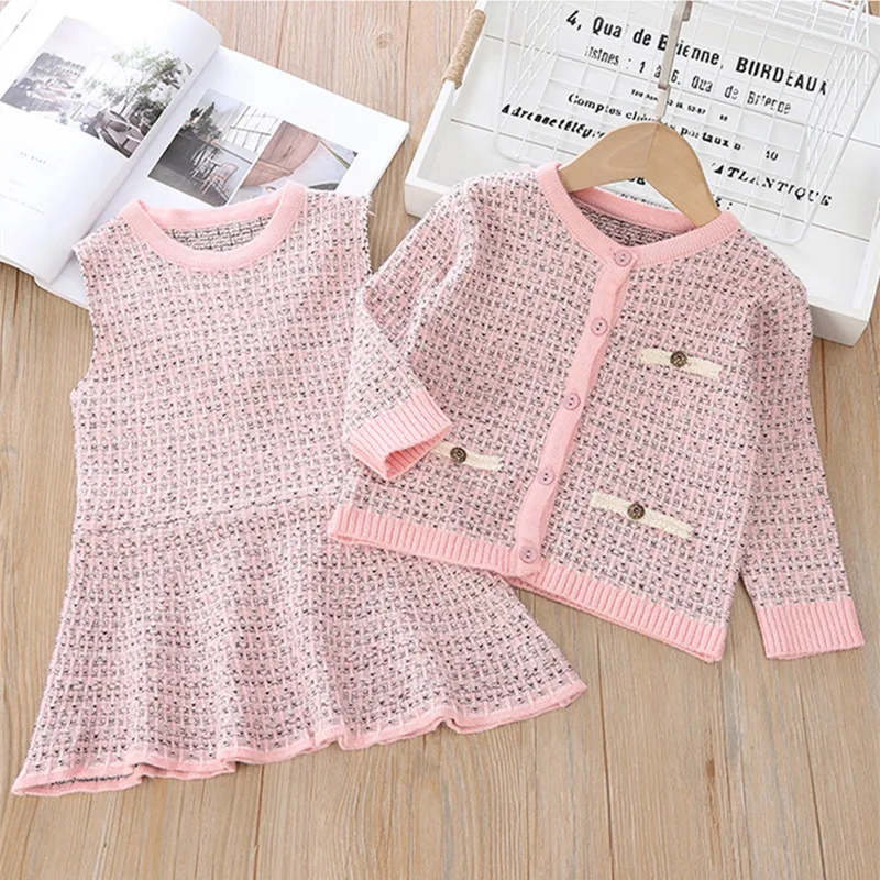 

DFXD Fashion Two Piece Elegant Princess Suit 2021 Spring Autumn Plaid Knitted Outfit Korean Style Girls Clothing Set For 2-7Yrs