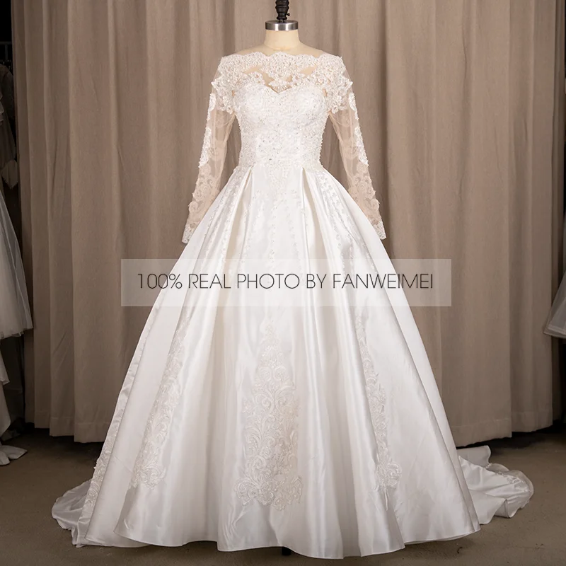 

9235#100% Real Photos Off Shoulder Illusion Beading Lace Long Sleeve Princess Ball Gown Wedding Quinceanera Dresses