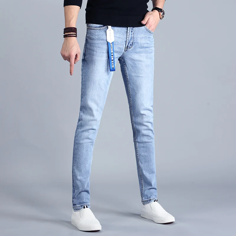 Summer Men's Light Blue Jeans Korean Style Casual Cotton Slim Fit Denim Pants