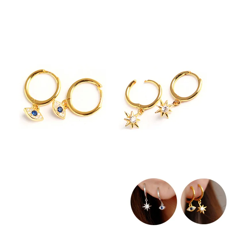 

Real 925 Sterling Silver Small Hoop Earrings With Pendant Zirconia Star Evil Eye Pendants Earing Vintage Gold Earring 1Pair