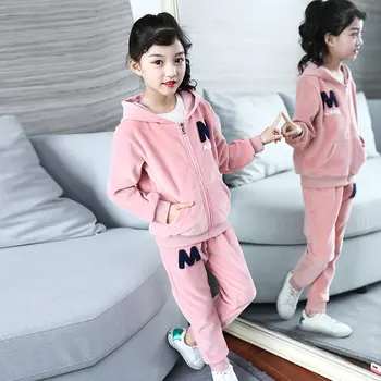 

Teenage Girls Children Clothing Set Flannel Sweatshirt + Pants Two-Piece Fashion Letter Kids Girls Clothes Suit 4 5 7 9 11 13Y
