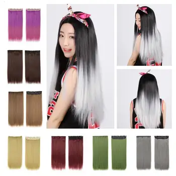 

SHUOHAN 5 Clips Clip-in Synthetic Hair Piece Extension Straight Clip In Black Brown Blonde Green Purple Pink Golden Gray Red