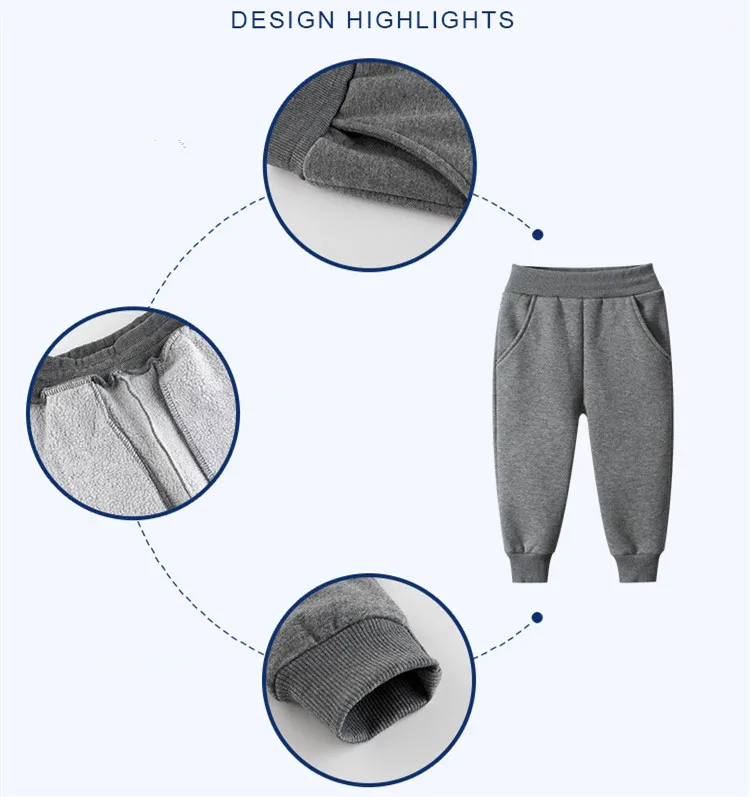 2024 Children Trousers for Boys Autumn Winter Fleece Thickening Solid Blue Black Grey Sport Casual Long Pants for 1-9 Years 6