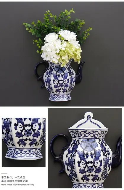 Teapot Shape Vase Metope Vase Ceramic Wall Hanging Flower Receptacle Jingdezhen Blue and White Porcelain Flower Vases 6