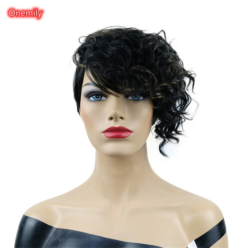 

Onemily 6" Black Brown Mixed Women Short Curly Pixie Cut Hair Wig Asymmetrical Side Bang Synthetic Wigs for Women