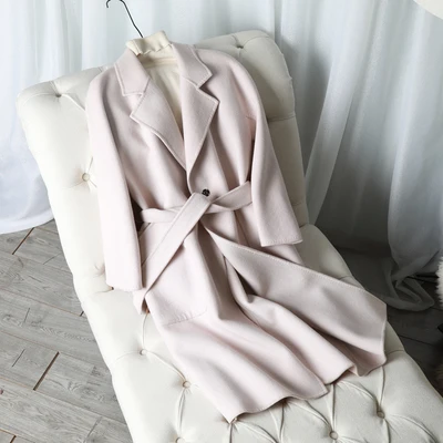 Beige Guesod зимнее Новое поступление двухстороннее кашемировое пальто для женщин смог синий средней длины тонкая верхняя одежда тонкая талия ниже колена - Цвет: Beige