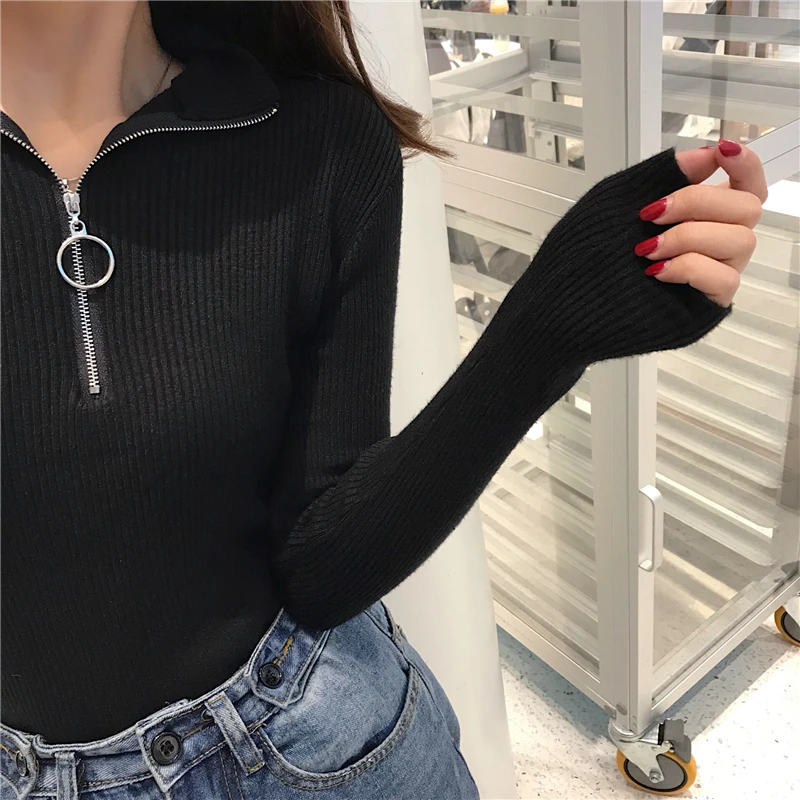 2022 Knitted Women Zipper High Neck Sweater Pullovers Turtleneck Autumn Winter Basic Women Sweaters Slim Fit Black Pull Femme