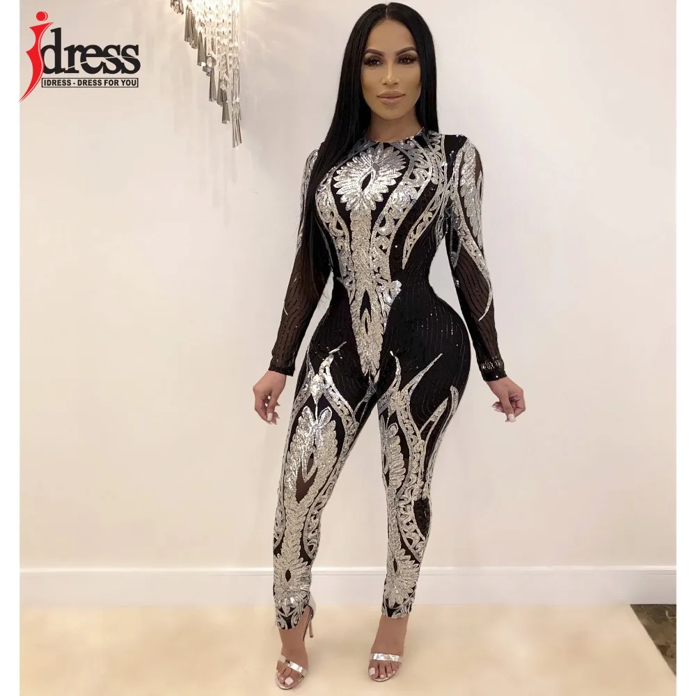 IDress Women Clothing 2020 New Party Club Bodysuit Body Top Slimming Long Sleeve Bodysuit Sexy Silver Gold Mesh Sequin Jumpsuit (8)
