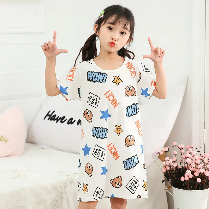 Kids Girls 100% Cotton Nightgown Cartoon Nightdress Girl Sleepwear Loose Pajamas Summer Short Sleeves Nightwear Children Clothes cotton short pajama sets