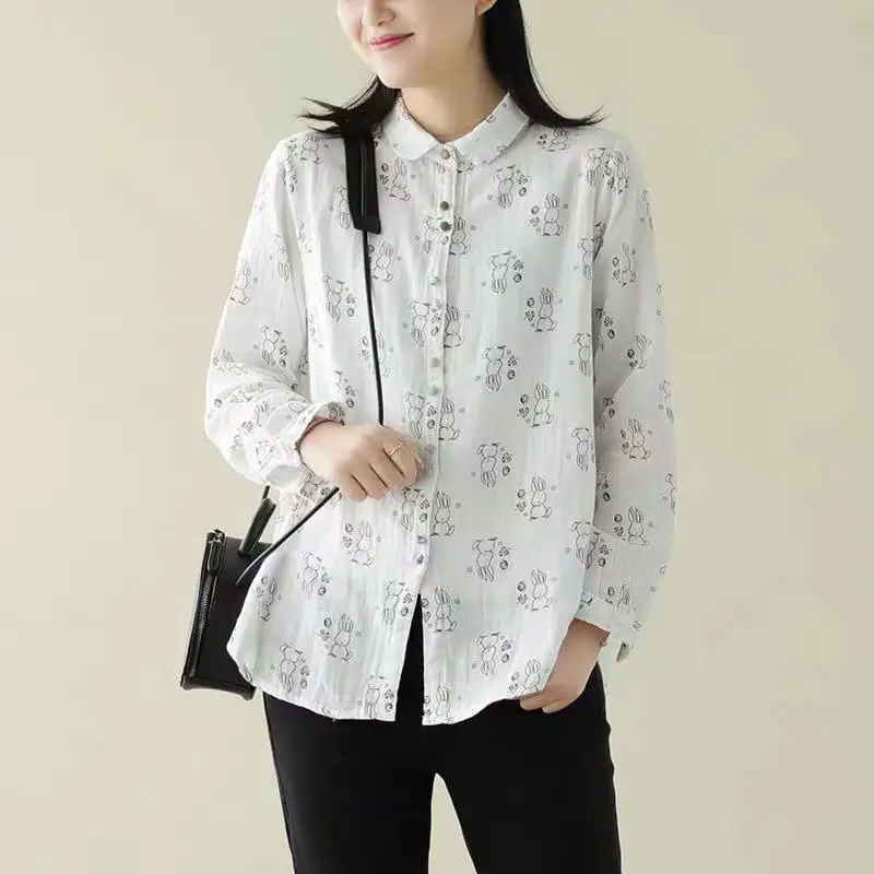 Double-layer cotton retro printed shirt female spring new white shirt loose literary long-sleeved shirt 3215