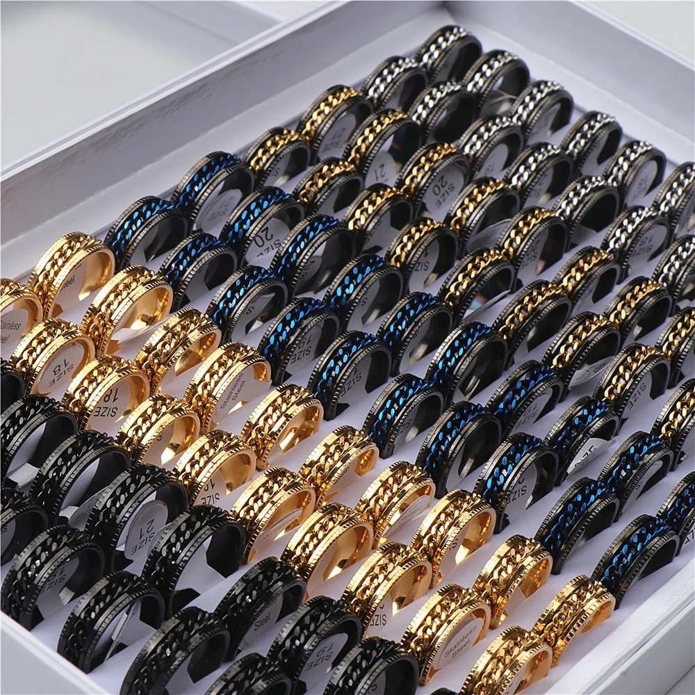 20pcs/lot Cool Spinner Chain Stainless Steel Rotatable Rings For Women Men Jewelry Party Gifts Mix Color Wholesale | Украшения и