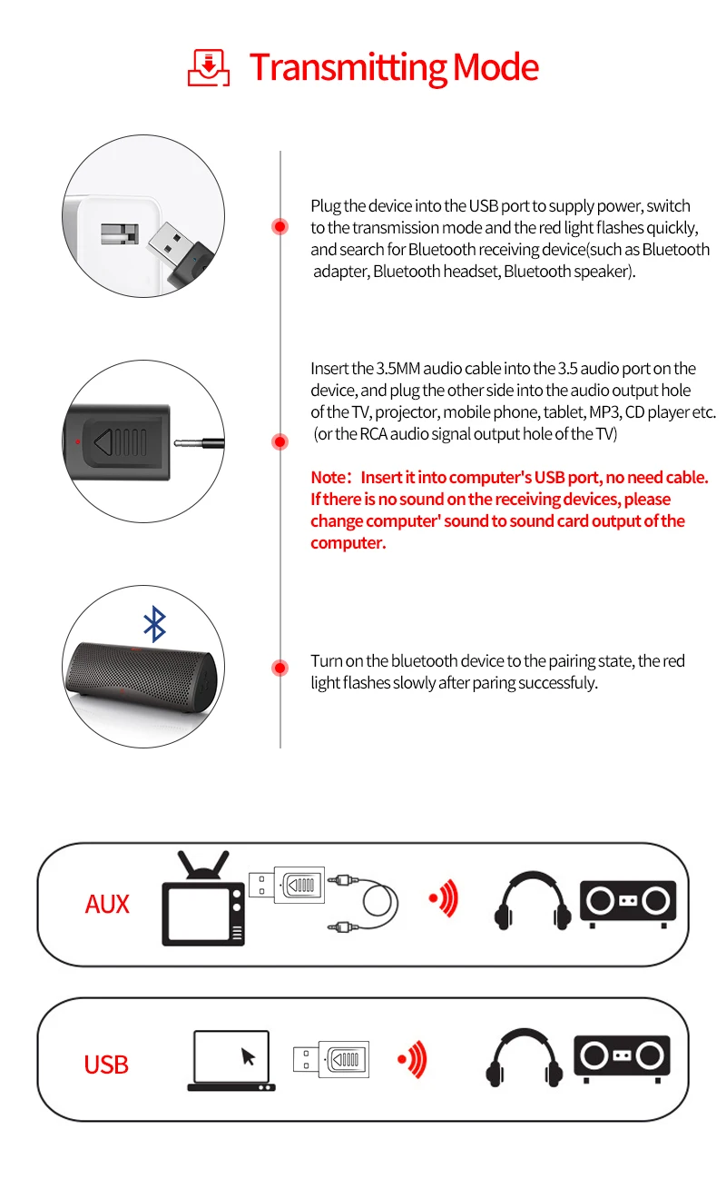 Беспроводной аудио ключ Bluetooth 5,0 USB приемник USB передатчик с 3,5 мм AUX разъем для ТВ динамик наушники стерео музыка