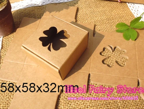 

(50Pcs/Lot) 58x58x32mm Clover Hollow Kraft Candy Box, Handmade Clover Soap Box, Party Favor Paper Box Gift Box -Free shipping