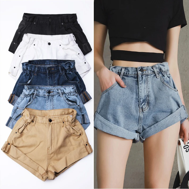 Pantalones cortos de mezclilla Vintage para mujer, Vaqueros cortos de cintura alta arrugados de estilo coreano, elegantes, color negro, para verano, 2021