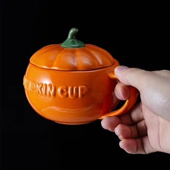 

320ml Ceramic Pumpkin Cup With Lid Cute Couple Breakfast Milk Mug Home Anti-hot Handgrip Water Coffee Tea Cup