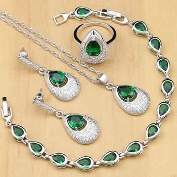 

925 Silver Bridal Jewelry Green Stone White Crystal Jewelry Sets Women Weeding Earrings/Pendant/Rings/Bracelet/Necklace Set