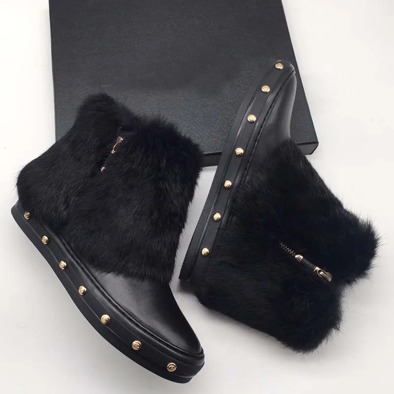 Wool Fur Snow Boots Women Round Toe Rivet Luxury Design Flat Shoes Woman Fashion Warm Ankle Boots Winter