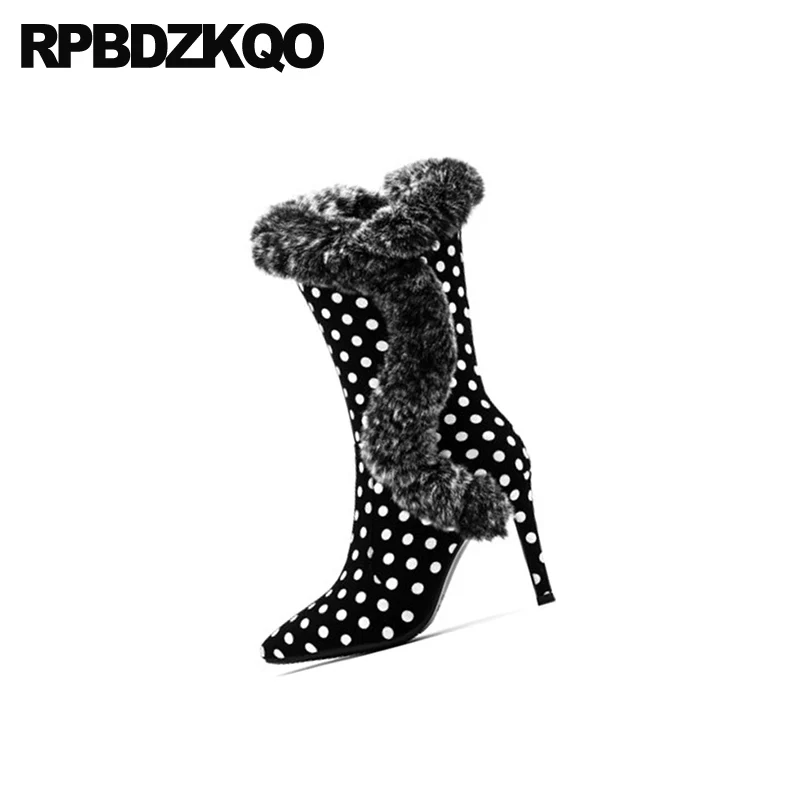 shoes big size plaid pointed toe mid calf 10 black and white stiletto side zip boots high heel women polka dot sheepskin luxury