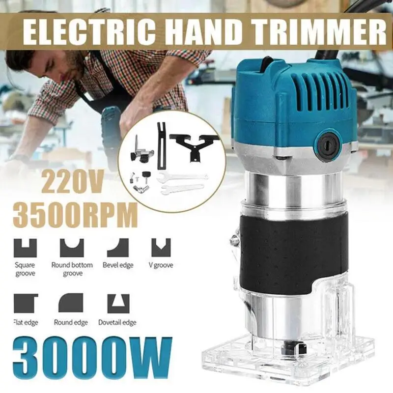 220V 3000W Wood Electric Hand Trimmer Woodworking Laminator Carpentry Engraving Machine Slotting Trimming Wood Router Bit Set
