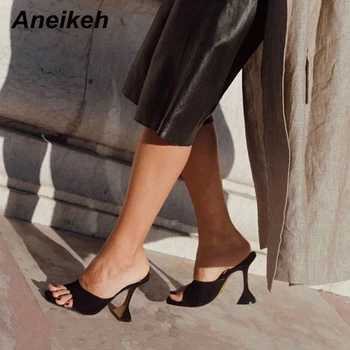 

Aneikeh NEW Fashion Flock Slippers Shoes Woman Heeled Square head Flip Flops Peep Toe Slip-on Thin High Heels Lady Party Pumps