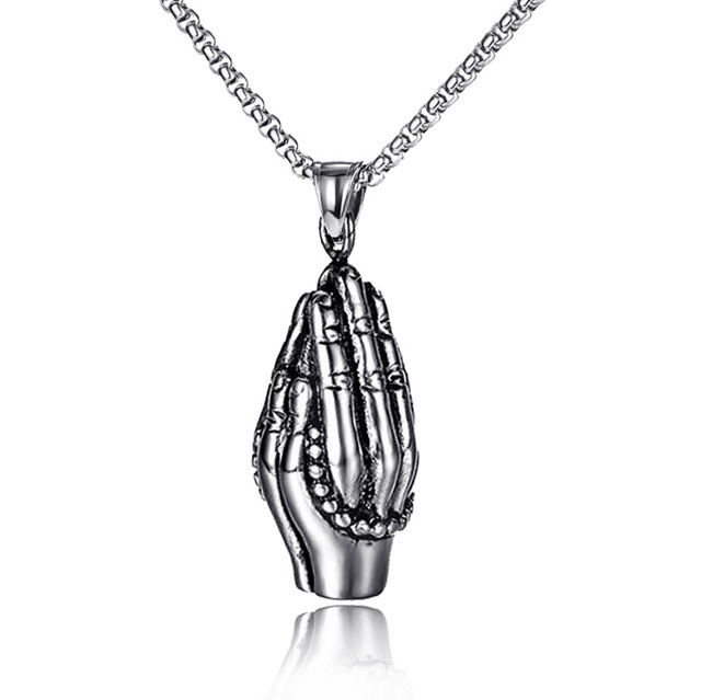 Punk Skull Hand Circle Pendant 3MM Stainless Steel Chain Necklace For Men Male Neck Gothic Jewelry