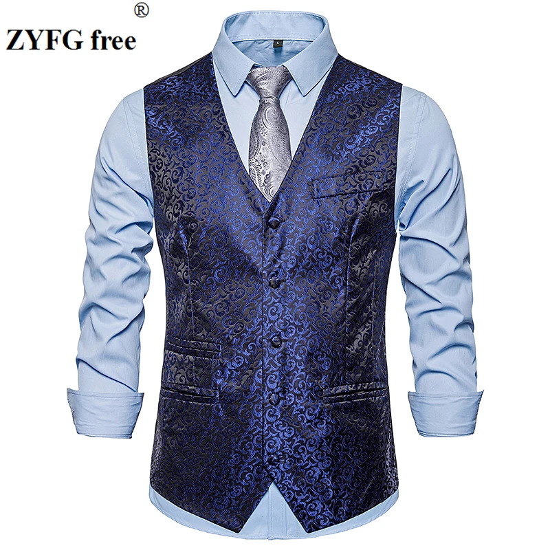 

Plus size men smart casual suit vest mens Solid color single breasted design vest Small embroidered flowers pattern men's Tops