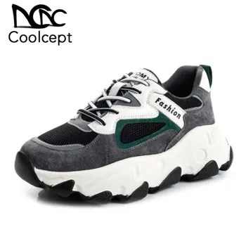 

CoolCept Real Leather Women Sneaker Fashion Platform High Heel Shoes Women Lace Up Lady Street Casual Daily Footwear Size 35-40