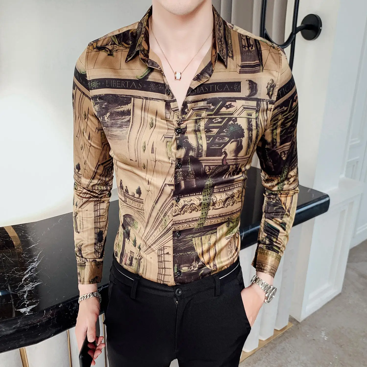 Новая мужская рубашка Camisa Social Masculina с длинным рукавом мужские рубашки Высокое качество полная печать Slim Fit повседневные мужские рубашки - Цвет: 2305 GREEN