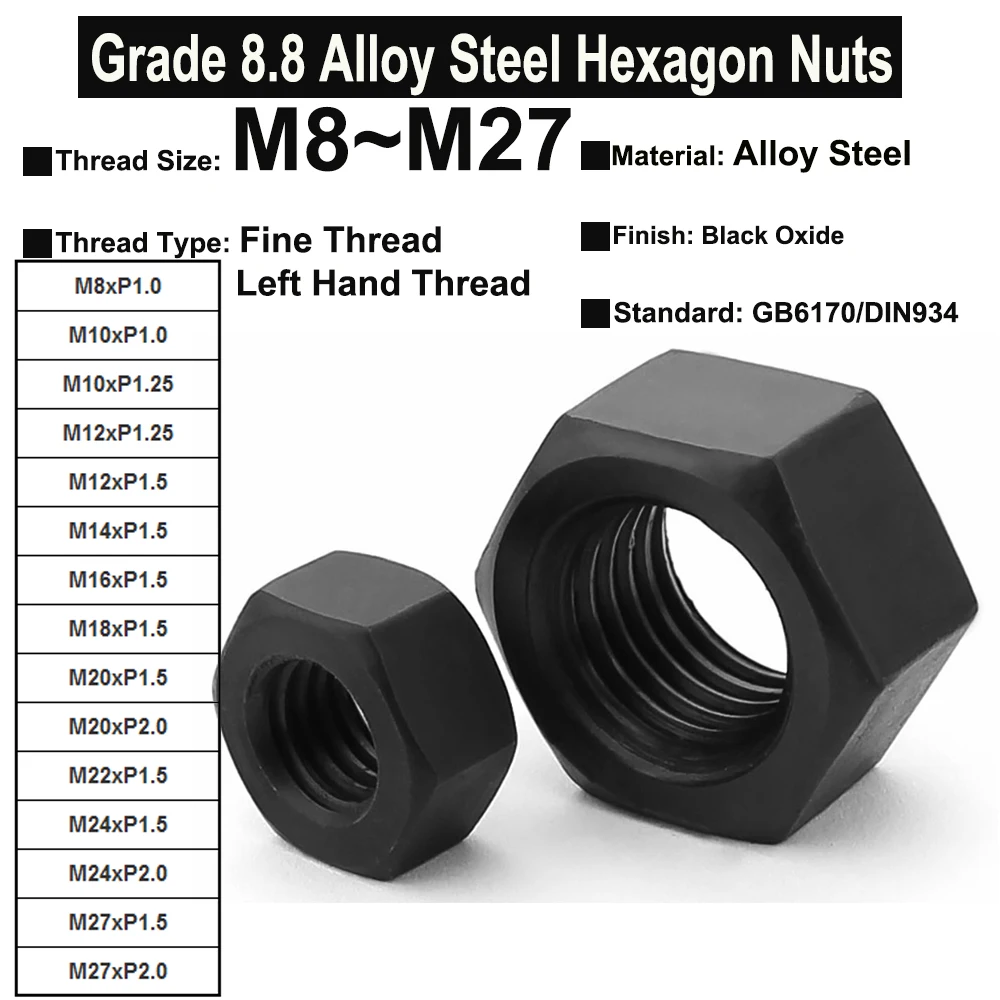 Fine Thread Hex Nut M8 M10 M12 M14 M16 M18 M20 Grade 8 Black Carbon Steel Nuts 