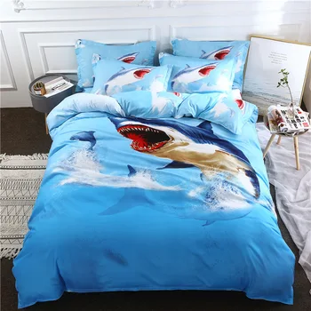 

BEST.WENSD Super Soft Cartoon Bedding Set Blue Shark Twin Full King Single Double Size Bed Children Duvet Cover Pillow Case Home