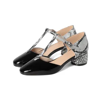 

Prirt Genuine leather crystal 4cm med Heels shoes woman office ladies Shoes classics T-strap Female Pumps size 41 42