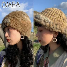 OMEA меховая шапка из натурального кролика, женские зимние аксессуары из ангорской кроличьей шерсти, теплая шапка-ушанка, вязаные зимние шапки для женщин, лыжный подарок