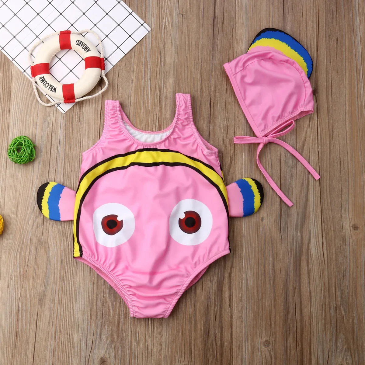 HOT Kids Baby Girl Goldfish Swimwear Bikini Toddler Swimsuit Costume+Swimming Cap Cute 3D Cartoon 2Pcs Outfits 1-5T