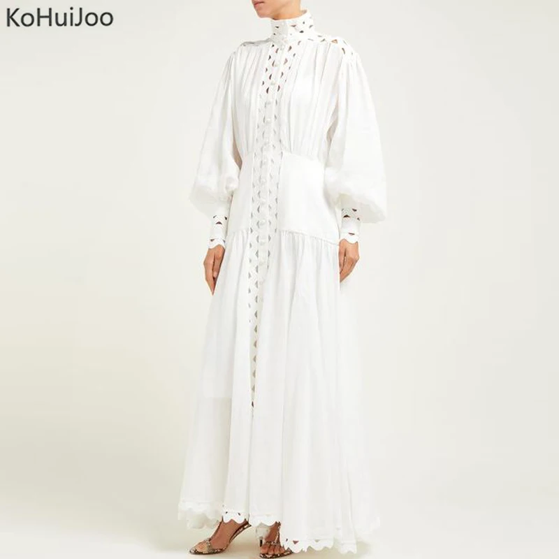 KoHuiJoo, Элегантное Длинное платье с рукавом-фонариком, женское осеннее новое, с высокой талией, с оборками, с подолом, макси, длинная рубашка, платья для женщин