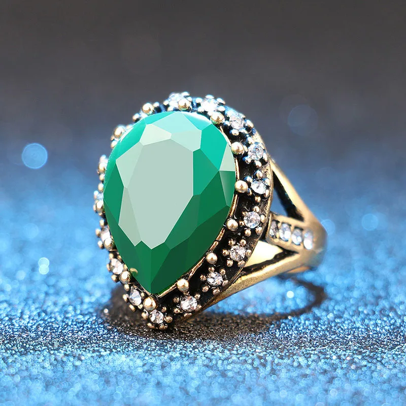 Vintage Mosaic Zircon Rings 1PC Antique Golden Crystal Ring Turkish Oval Jewelry Black Red Green Resin Stone Women Boho Wedding