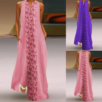 

Bohemia Women's dress летнее платье женское Vintage Casual Butterfly Print Sleeveless pocket Cotton V-Neck Dress Maxi Dresses