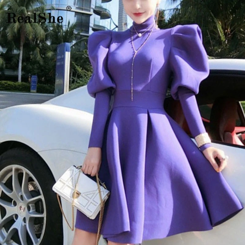 

RealShe Women Mini Dress Turtleneck Long Puff Sleeve Solid A-Line Women Dress 2020 Spring Casual Elegant Ladies Dresses Vestidos