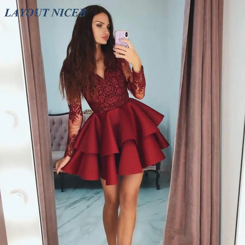 

Tiered Ruffles Burgundy Satin Short Prom Dresses 2019 Modest Sheer Long Sleeves Formal Party Gowns Appliques Lace 8th Grade Home