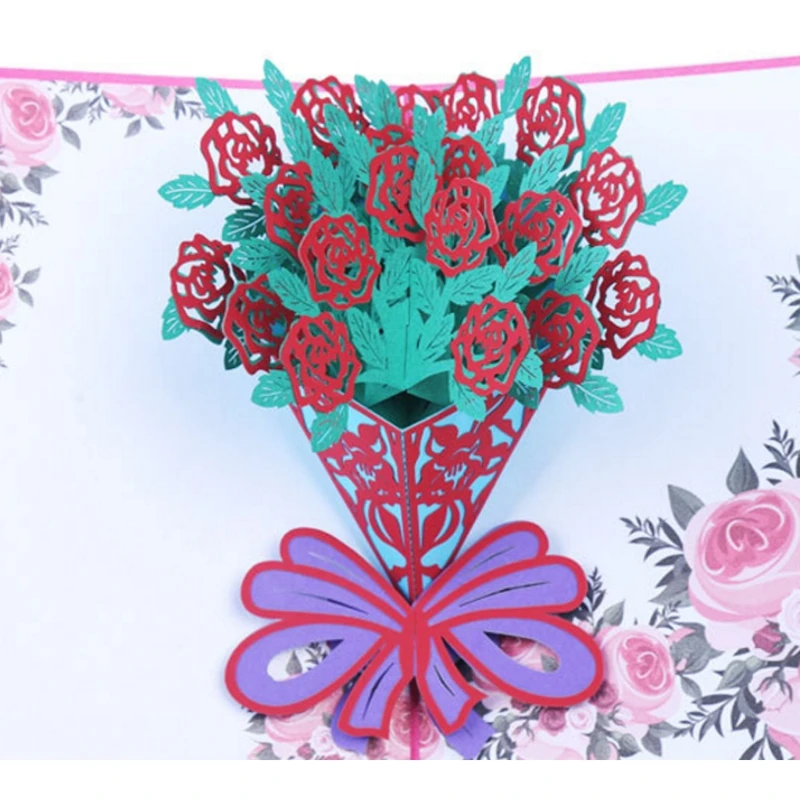  3D Pop Up Rose Flowers Greeting Card Christmas Birthday New Year Invitation 72XF - 4000389116793